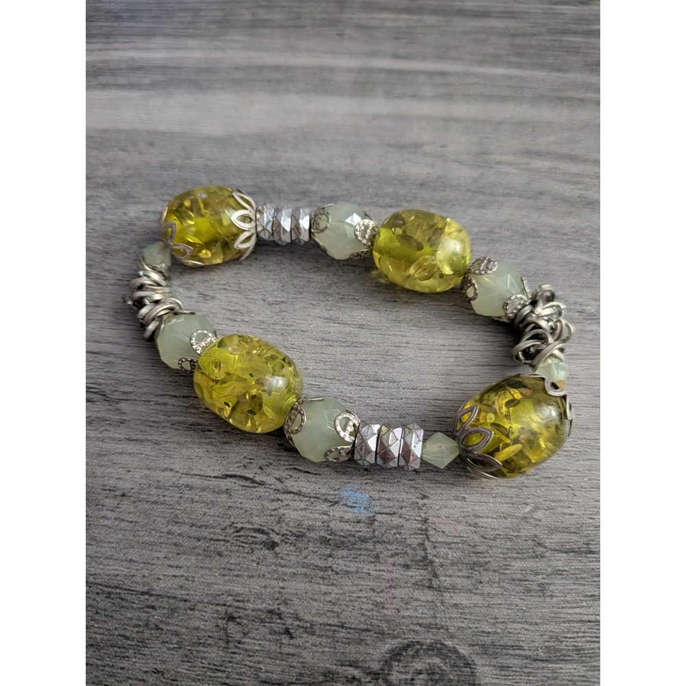 Yellow Crackle Glass Bead Stretch Bracelet Silver Tone Filigree Boho Jewelry